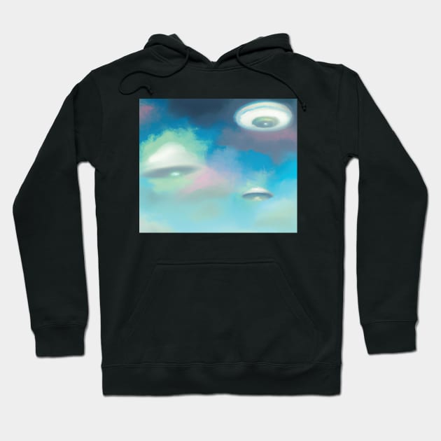 Dreamy UFOs in an Ethereal Blue Sky Hoodie by drumweaver